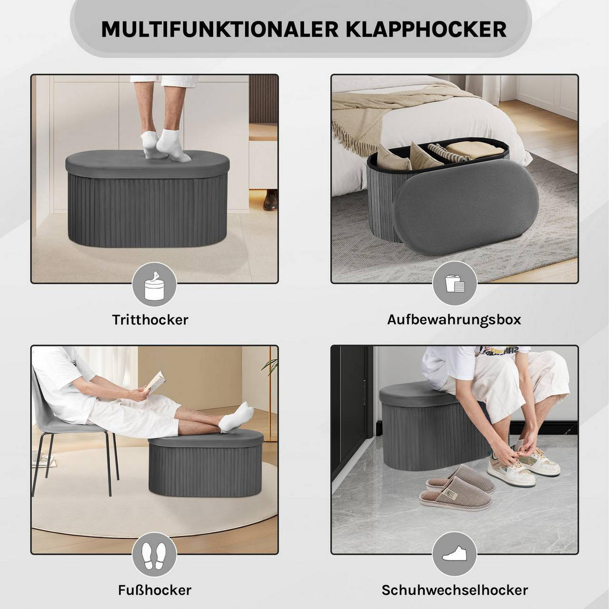 SITZHOCKER mit Deckel Stauraum, 76x38x38 cm, Dunkelgrau - Dunkelgrau, Textil (78/38/38cm) - Woltu