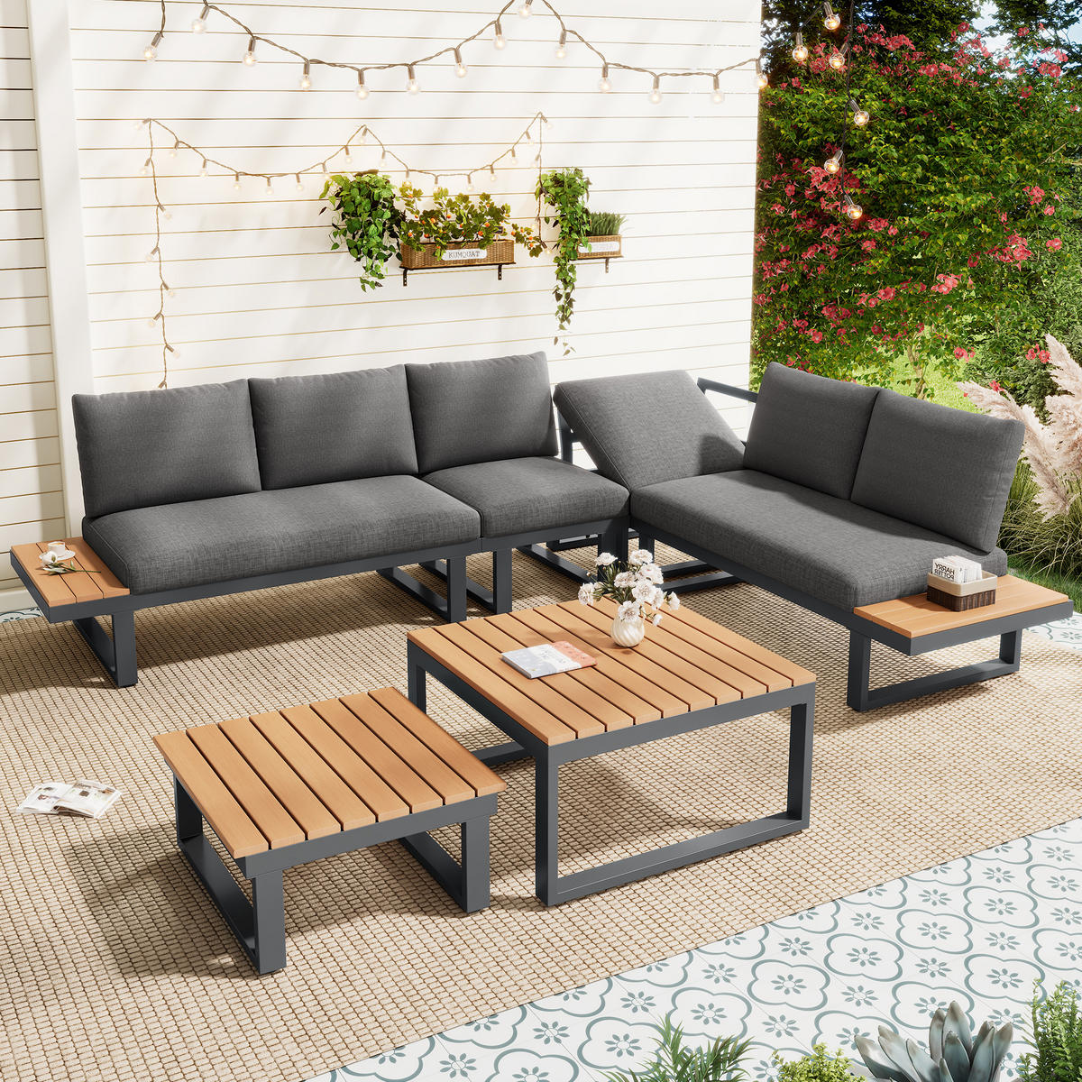 GARTENMÖBEL-SET, Eckstellung, Neigung bis 55°, 2 Couchtische, Grau/Schwarz - Grau, Textil - FLIEKS