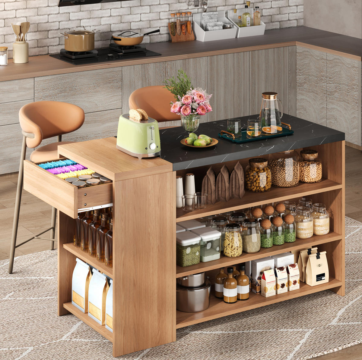 KÜCHENINSEL mit Stauraum 140x60x90 cm Eicheoptik Schwarz - Schwarz, Holz (60/90/140cm) - Beauniv