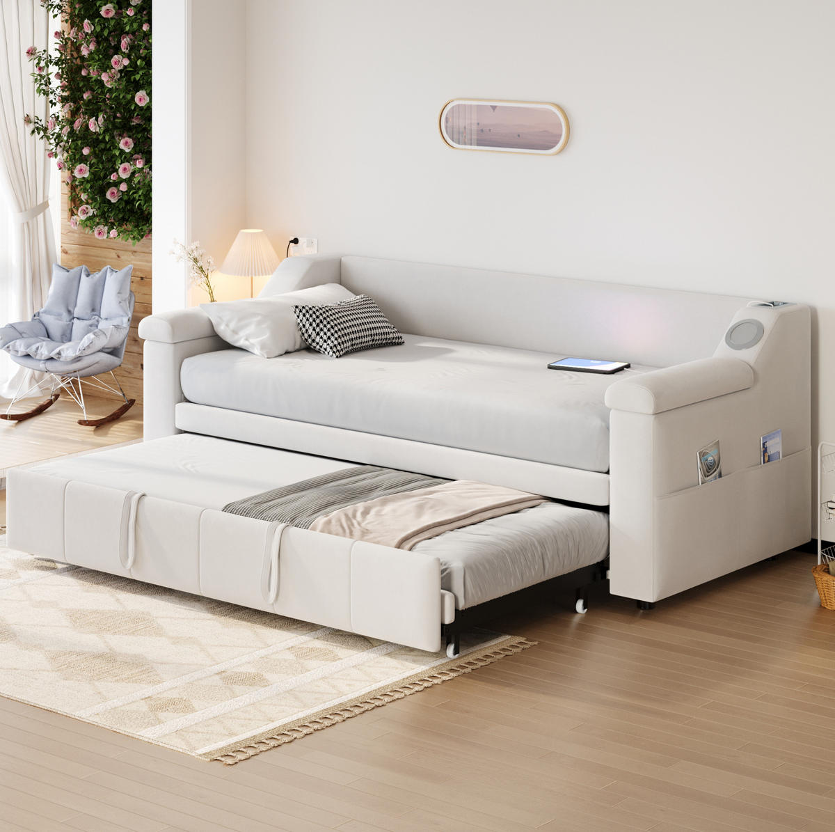 ČALÚNENÁ posteľ 90/180x190 cm s hydraulickým vysúvaním, Bluetooth stereo, USB a úložnými priehradkami, Béžová - béžová, textil (90/190cm) - Redom