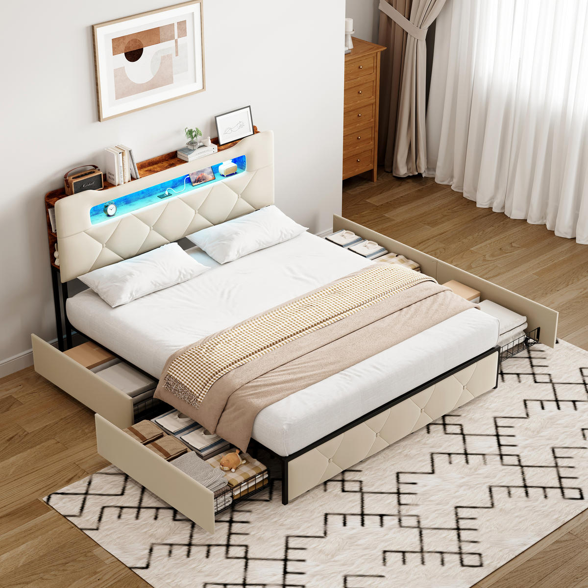 POLSTERBETT 140x200 cm mit LED, USB, 3 Schubladen, Samt, Beige - Beige, Holz (140/200cm)