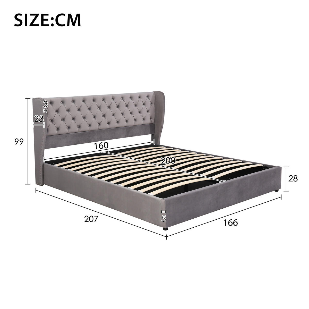 POLSTERBETT 160/200 cm grau mit hydraulischem Bettkasten und Lattenrost - Grau, Textil (160/200cm) - OKWISH