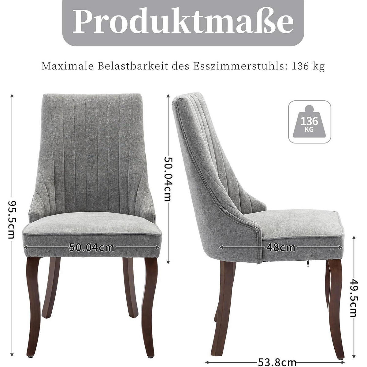 ESSZIMMERSTUHL 2er-Set Stoff Grau mit Channel-Steppung - Grau, Textil (50/95.5/53.8cm)