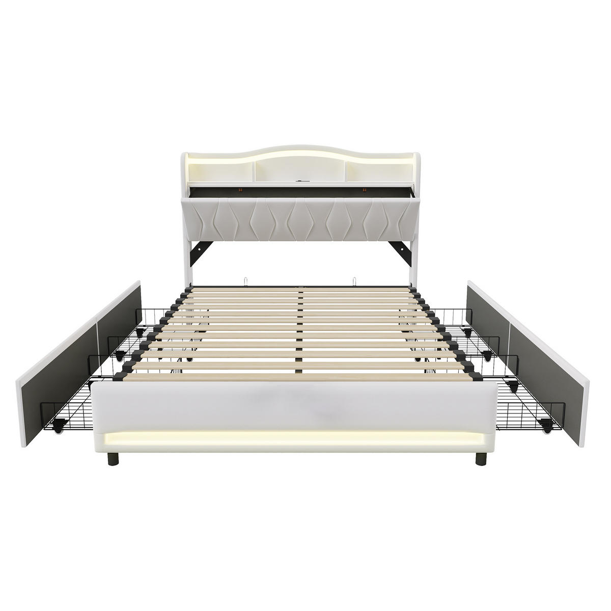 POLSTERBETT Geometrisch 140/200 cm mit 4 Schubladen & App-LED Samtoptik Beige - Beige, Textil (140/200cm) - Creahappy