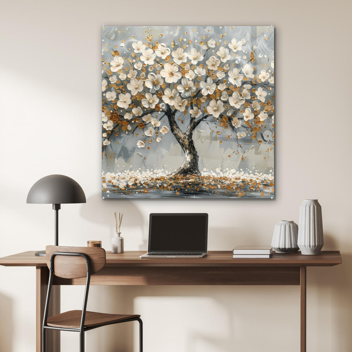 ACRYLGLASBILD Baum - Blumen - Weiß - Natur - Kunst 90x90 cm - Weiß, Glas (90/90cm) - MuchoWow