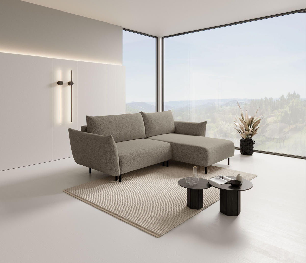 ECKSOFA UNO Braun Plüsch-Stoff mit Schlaffunktion - Braun, Holz (257/171cm) - MASSENO