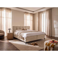 BOXBETT Marbella 160/200 cm Samt Beige mit Bettkasten, mit Matratze, mit Premium Topper H2/H3 - Beige/Schwarz, Textil (160/200cm) - wonello