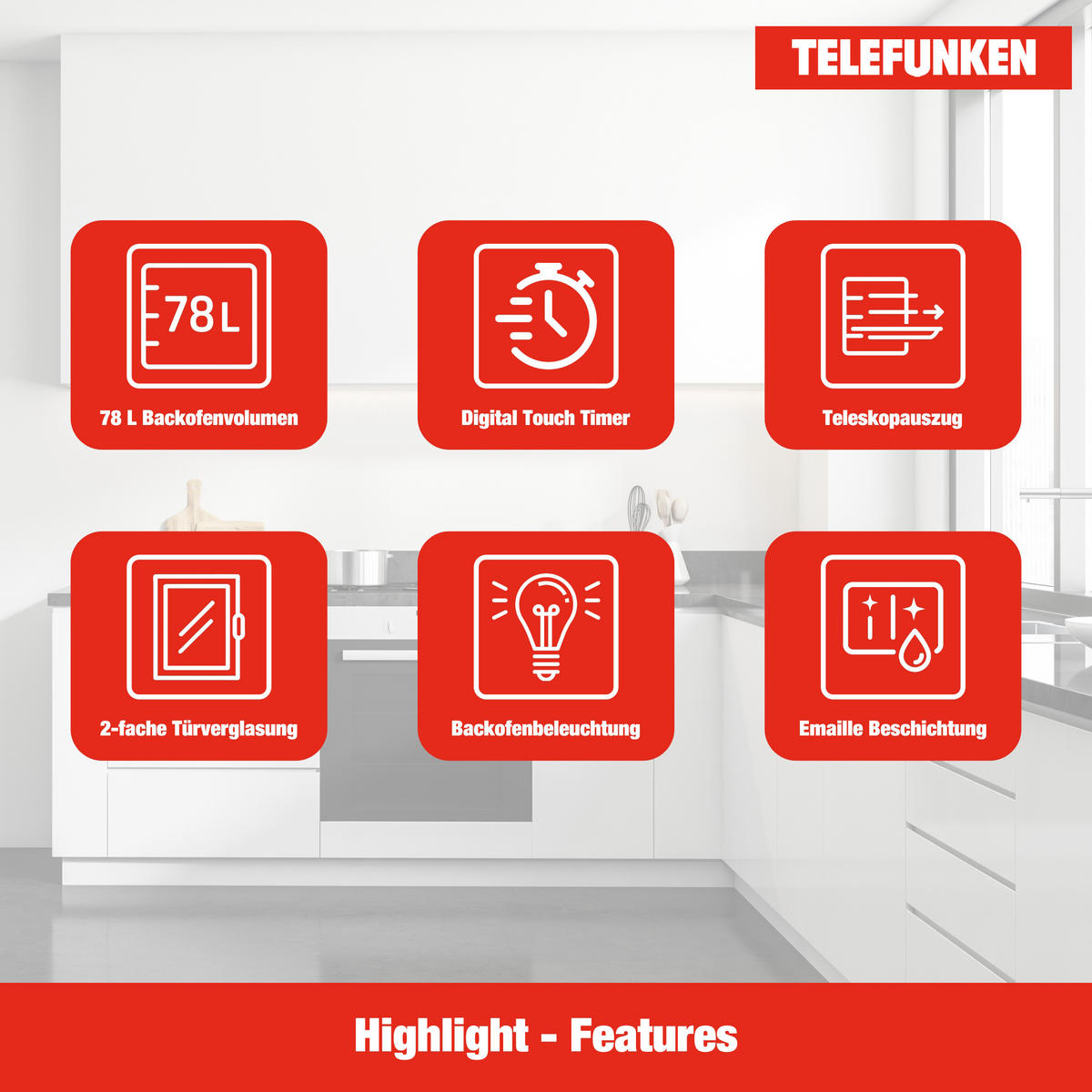 EINBAUBACKOFEN autark, 78 Liter, 60 cm Backofen, Hot Air Shield, Umluft/Ober-Unterhitze, 5 Funktionen - Schwarz, Metall (59.5/59.5/55cm) - Telefunken