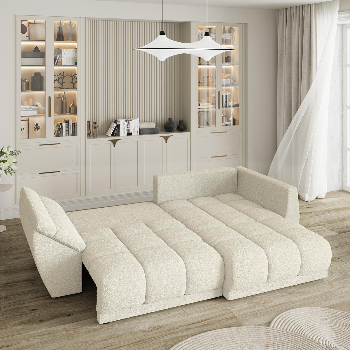 ECKSOFA ORENTI R-S Creme Boucle-Stoff mit Schlaffunktion - Creme, Holz (287/182cm) - MASSENO