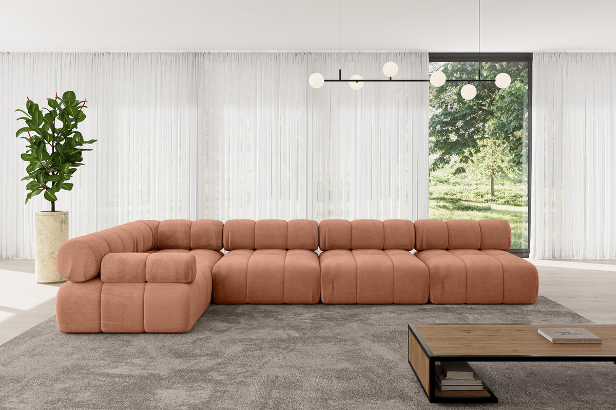 ECKSOFA modulares Sofa Mende-L3 - 380x190x70 cm Apricot Velours - Koralle, Holzwerkstoff/Textil (380/190cm) - ALTDECOR