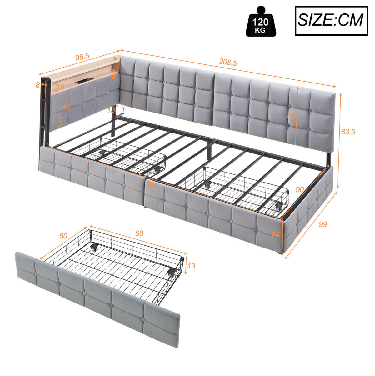 ČALÚNENÉ posteľné sofa z látky 90x200 cm sivé s LED osvetlením, USB, Type-C a 2 zásuvkami - sivá, textil (90/200cm) - Modfu