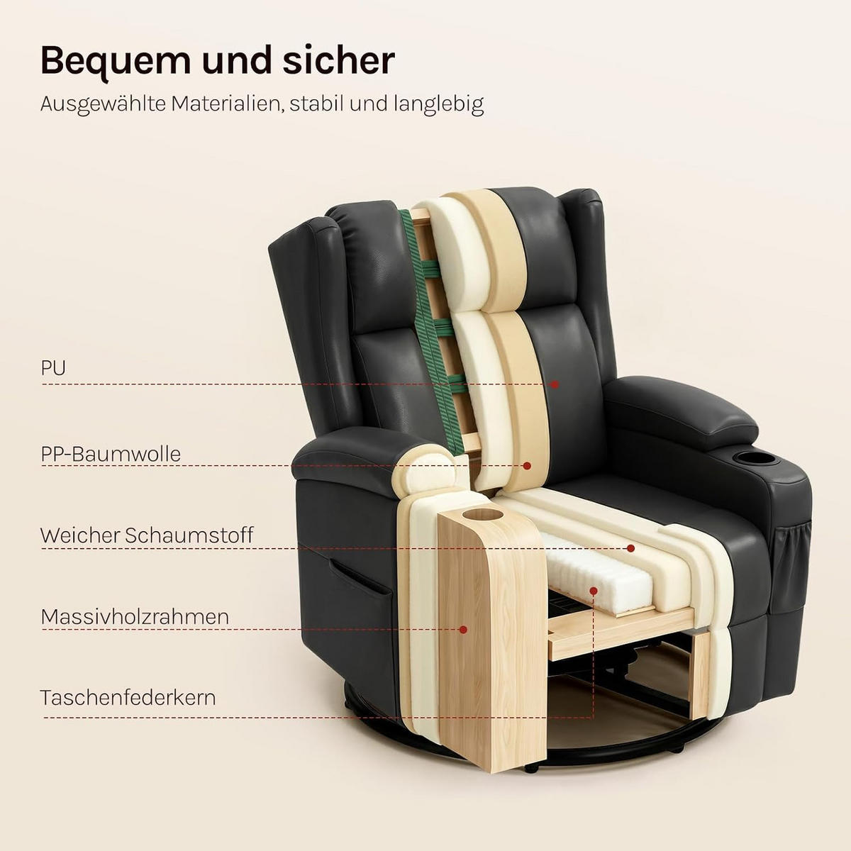 RELAXSESSEL mit Liegefunktion, drehbar, Kunstleder, Schwarz - Schwarz, Kunststoff (87/103.5/94.5cm) - Woltu