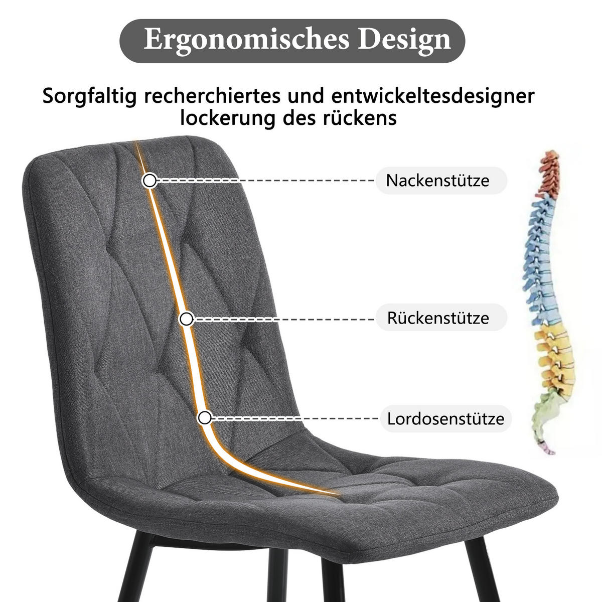 ESSZIMMERSTUHL 4-Tlg Dunkelgrau, Twill Leinen, Metallbeine - Grau, Naturmaterialien (45/86/40cm) - FLIEKS