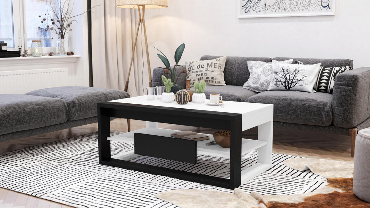 COUCHTISCH rechteckig Weiß Schwarz aufklappbar - Schwarz/Weiß, Holzwerkstoff (60/110/45cm) - designimpex