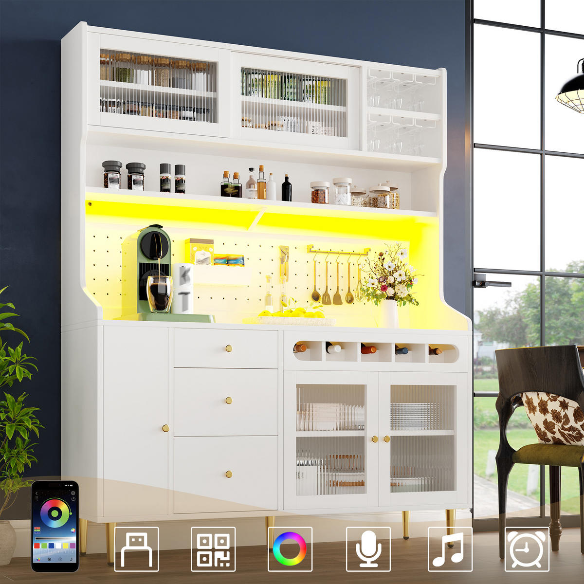 BUFFET mit LED-Beleuchtung verstellbaren Einlegeböden Weinregal und Schublade Weiß 145/39/171 cm - Goldfarben/Weiß, Glas/Holzwerkstoff (145/171/39cm) - EVRYAE