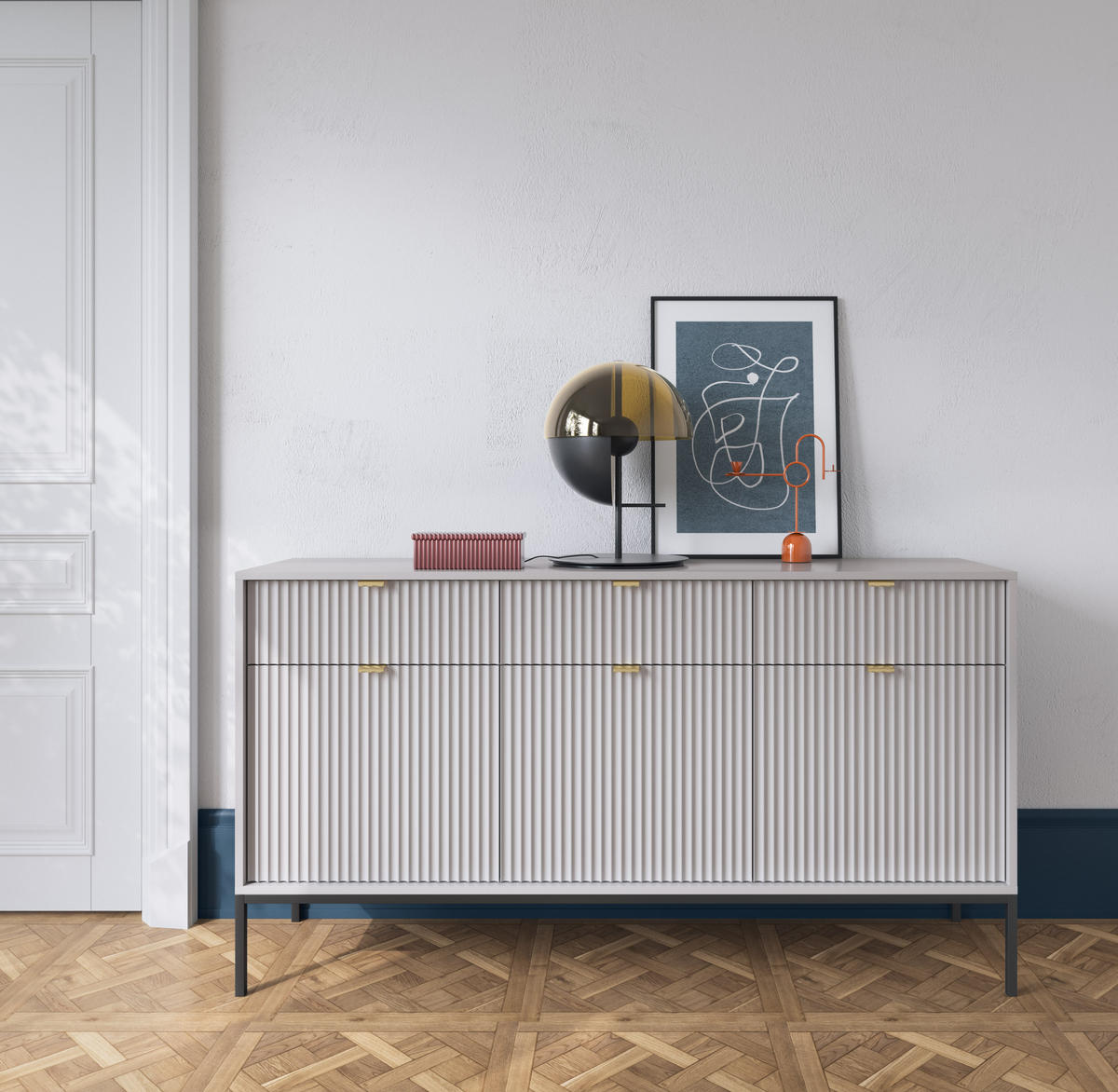 SIDEBOARD Eternas 3T 3S Grau 154/83/39 cm – schwarze Füße, mit geriffelten Fronten - Schwarz/Grau, Holzwerkstoff (154/83/39cm) - AX Living