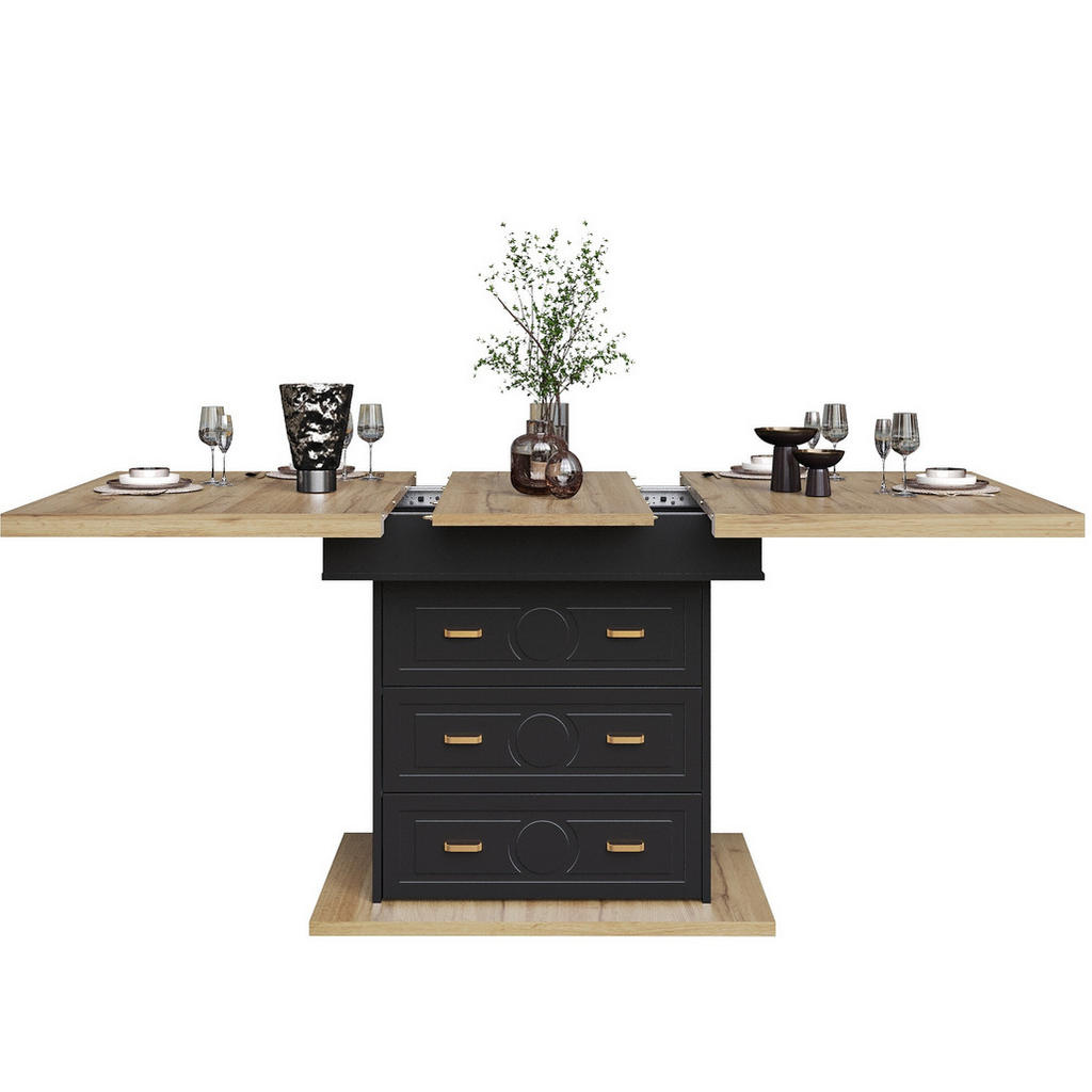 Modfu JÍDELNÍ stůl z MDF a kovu 110–140x80x75 cm přírodní dekor dřeva rozkládací se 2 zásuvkami a úložným prostorem