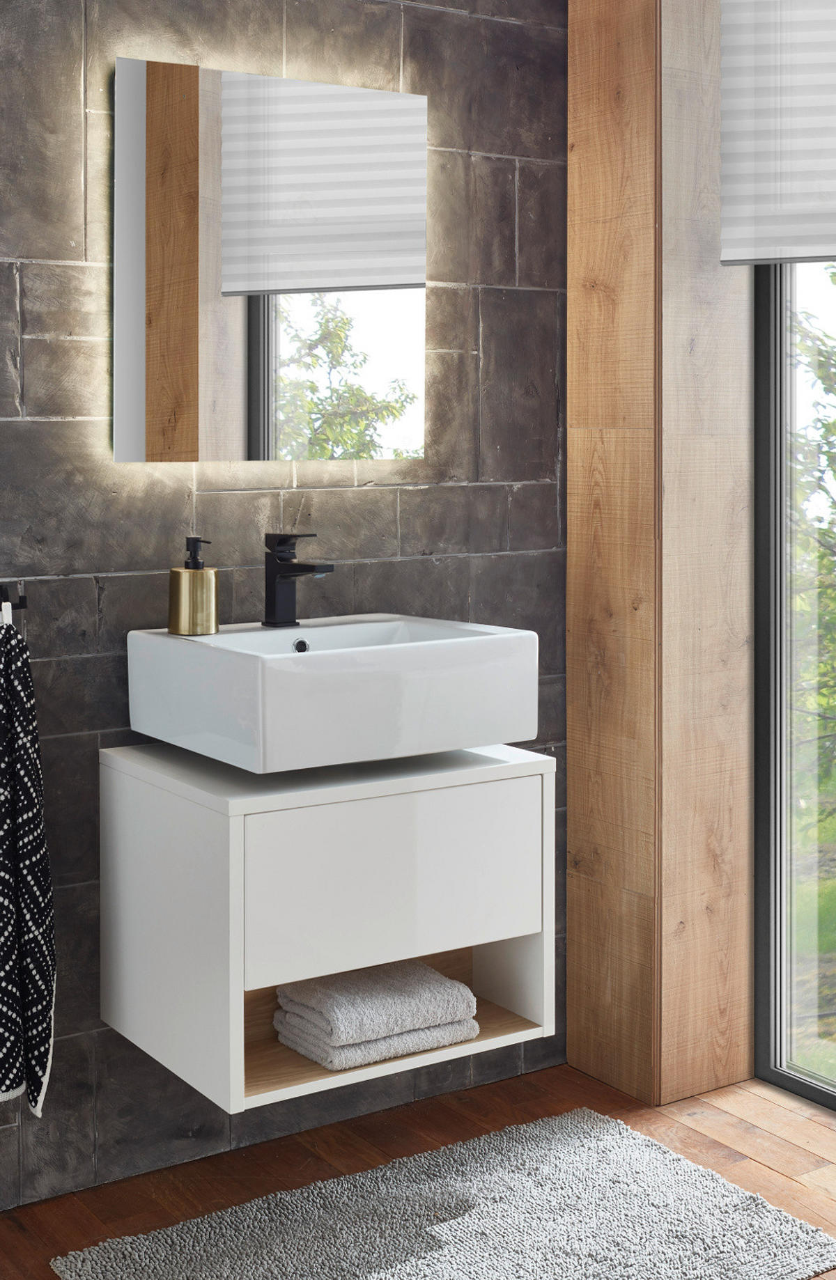 BADMÖBEL-SET 2-teilig weiß Hochglanz, Eiche mit LED Beleuchtung 60 cm Glide - Weiß Hochglanz/Eichefarben, Glas/Holzwerkstoff (60/190/46cm) - Furn.Design