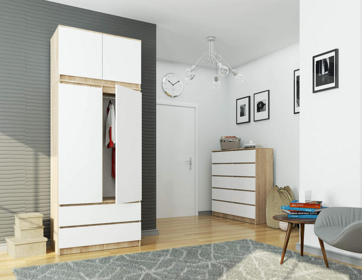 KLEIDERSCHRANK AUFSATZSCHRANK Sonoma-Eiche,Weiß 90x51x55cm - Weiß/Sonoma Eiche, Holzwerkstoff (90/55/51cm) - Akord