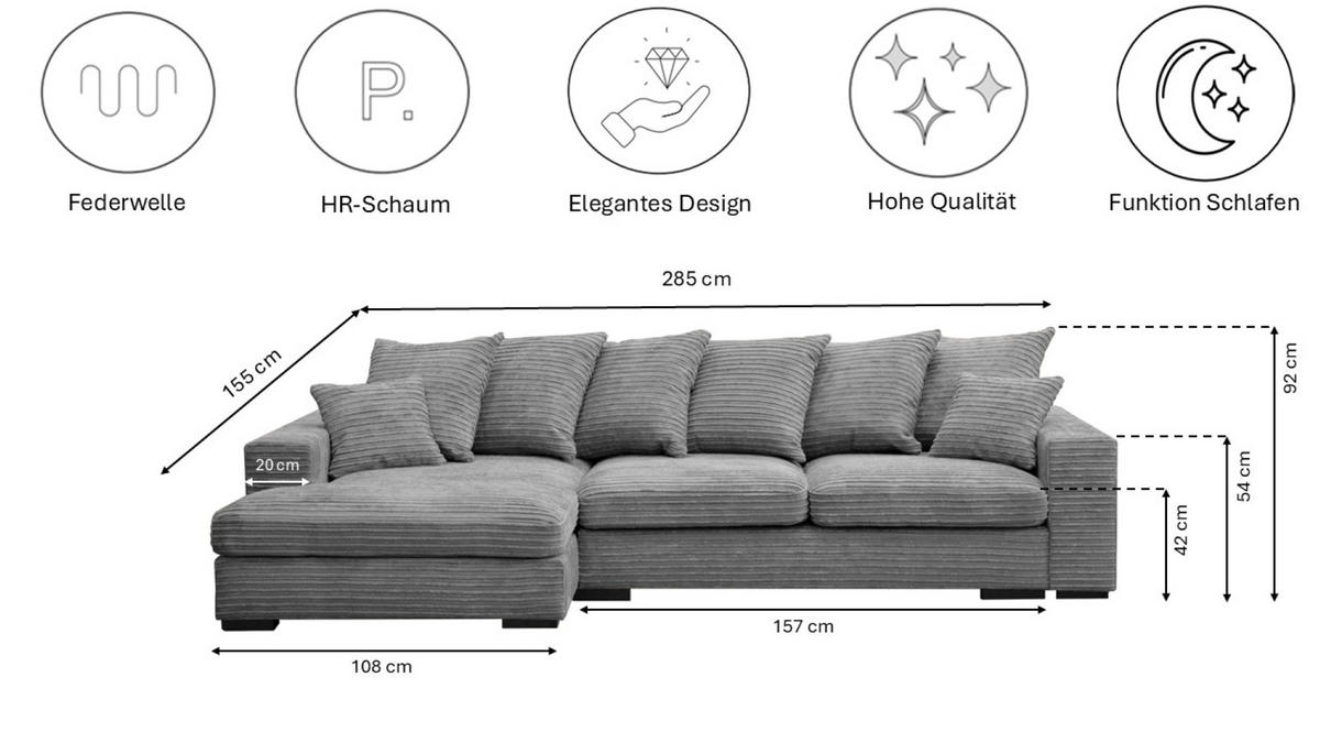 ECKSOFA Mit Schlaffunktion Und Bettkasten Couch L-form Gabon Stoff Zoom Grau Links - Grau, Holz (155/285cm) - Kaiser Möbel