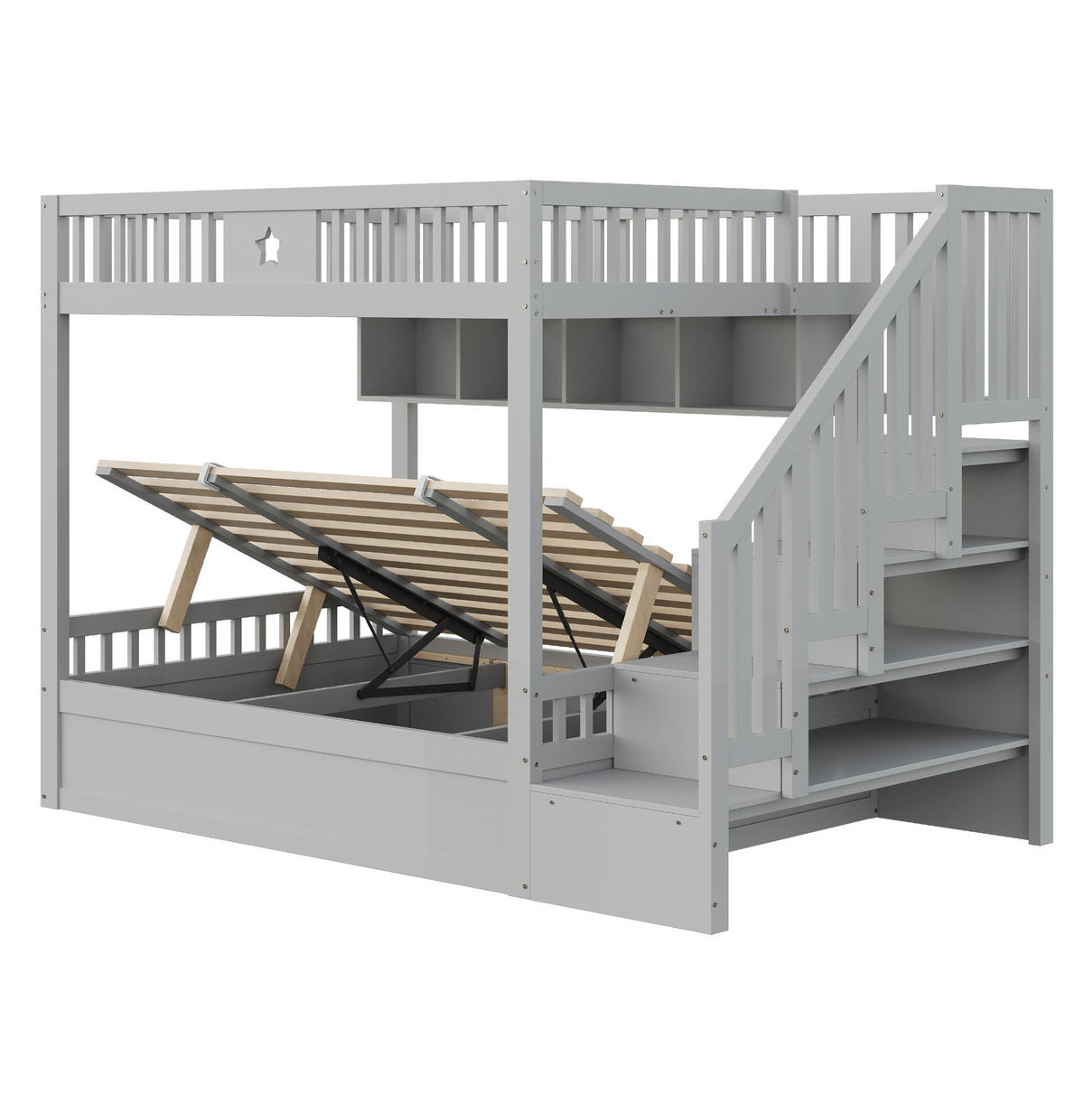 HOCHBETT aus Holz 140x200 cm Grau mit hydraulischem Stauraum, Regalen, Treppenschubladen und Sicherheitsgeländer - Grau, Holzwerkstoff (140/200cm) - Modfu
