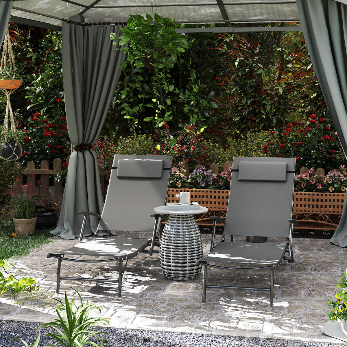 SONNENLIEGE Set mit 2 klappbaren Gartenstühlen mit 4-fach verstellbarer Rückenlehne und Kissen,154*64*87 cm ,Grau - Grau, Metall (64/87/154cm) - Vallsero