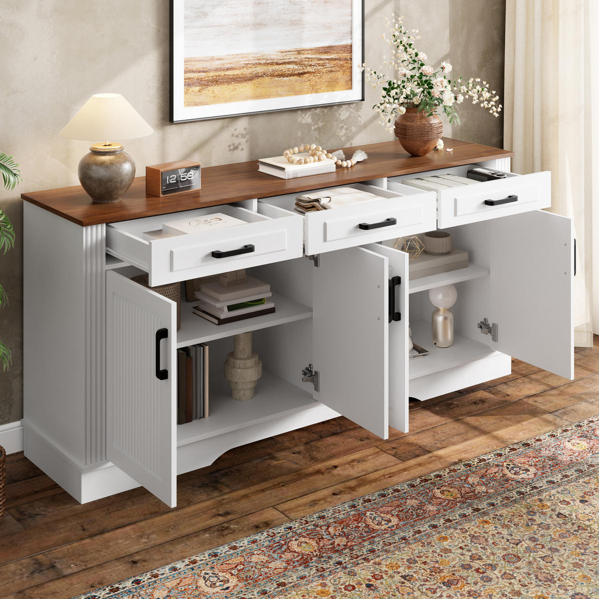 SIDEBOARD 3D Front 4 Türen 3 Schubladen MDF - Weiß, Holzwerkstoff (160/75/40cm) - FLIEKS