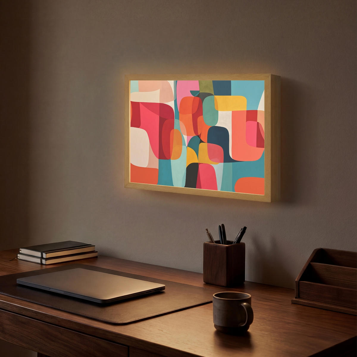 NÁSTĚNNÁ LAMPA S AKUMULÁTOREM Tvary - barevné - abstraktní - letadla 40x30 cm - různobarevná, kompozitní dřevo (40/30/8cm) - OnlyWow
