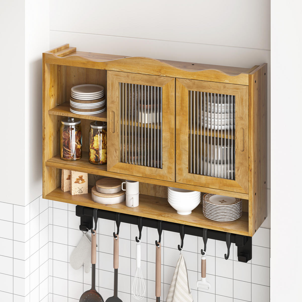 HÄNGESCHRANK 90/20/60 cm natur aus Massivholz und Glas mit Schiebetüren - Naturfarben, Glas (90/60/20cm) - OKWISH