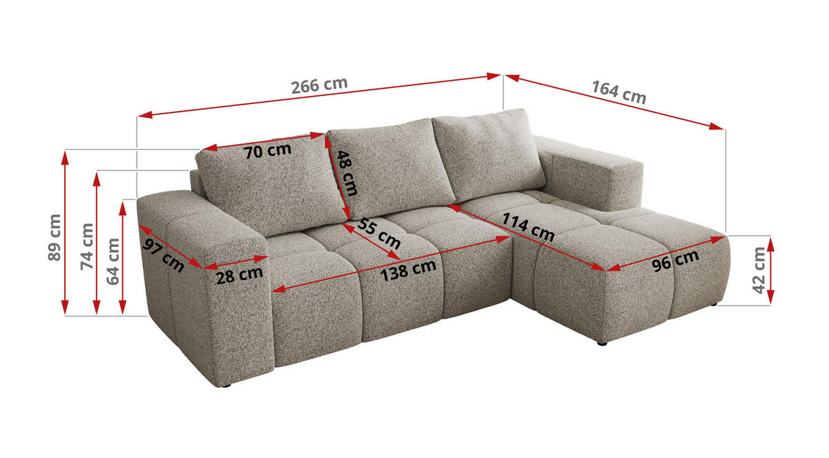 ROHOVÁ SEDAČKA MONIVA L - Světle šedá Strukturovaná látka - Levá Strana - černá/světle šedá, textil/plast (164/266cm) - MKS