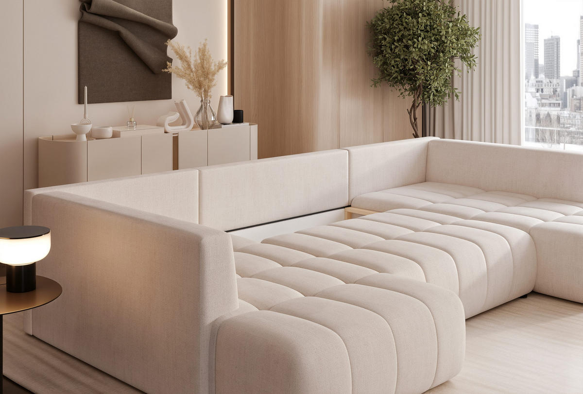 WOHNLANDSCHAFT STONE mit Schlaffunktion und Bettkasten, Stoff Beige - Beige, Kunststoff/Textil (350/91/190cm) - Idohome