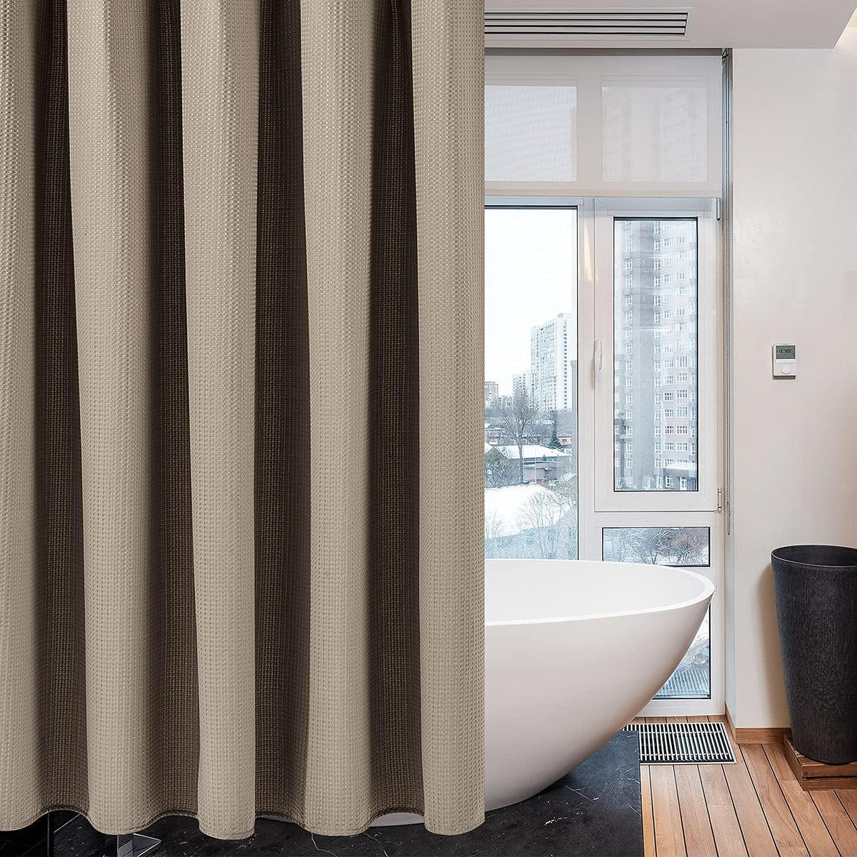 DUSCHVORHANG Khaki Waffelstruktur mit Ringen schimmelresistent - Braun, Textil (200/0.5cm) - MCBOSON