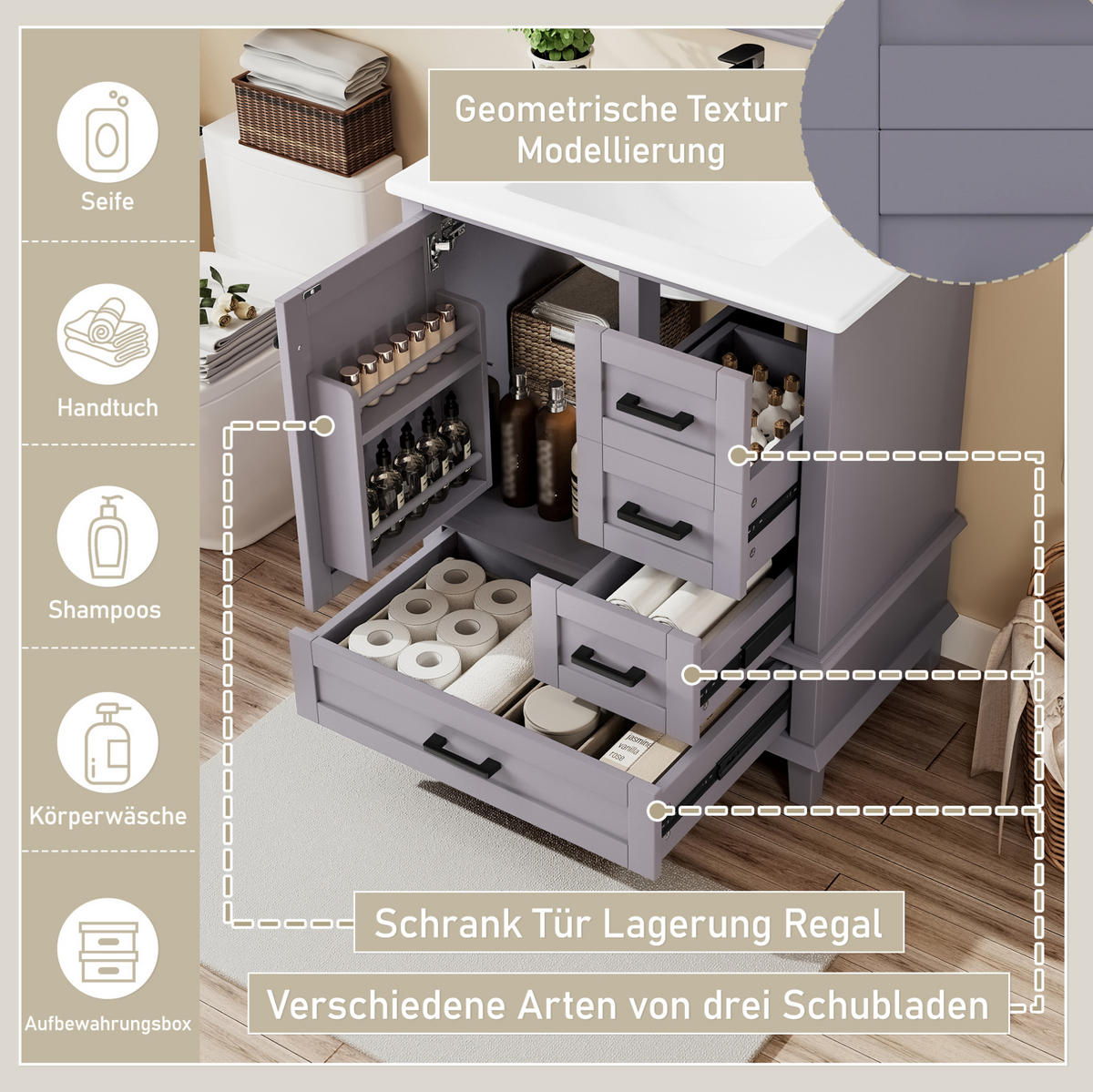 WASCHTISCHKOMBI mit Keramikbecken 76x46x83.5cm in Grau, 1 Schublade & 3 Türen - Grau, Holzwerkstoff (76/83.5/46cm) - Modfu
