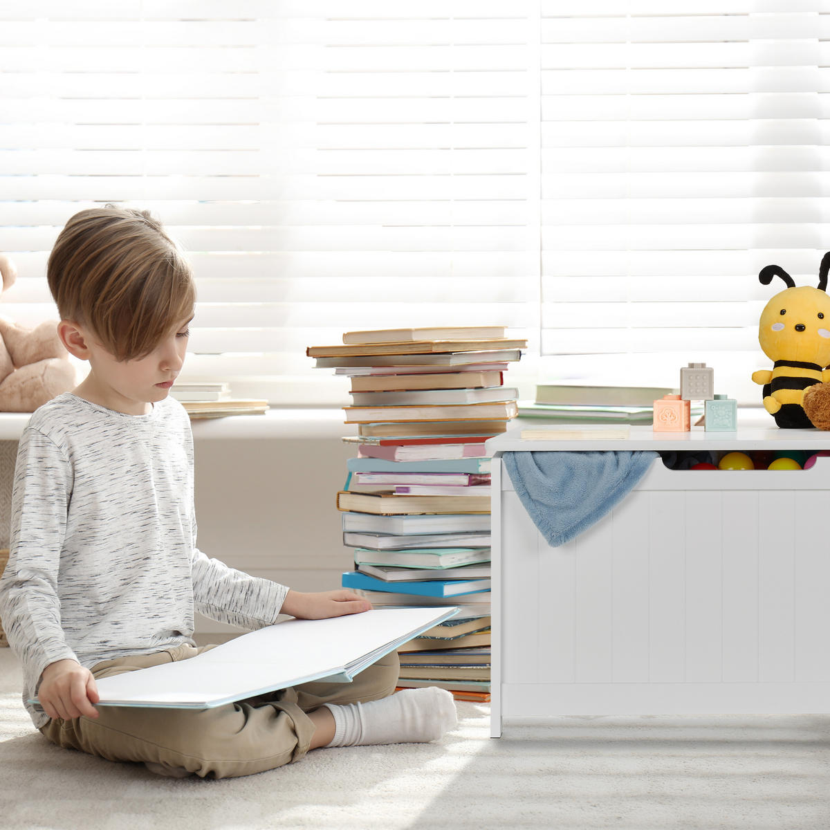 TRUHLA Bílá úložná s víkem MDF - bílá, kompozitní dřevo (80/40cm) - Relaxdays