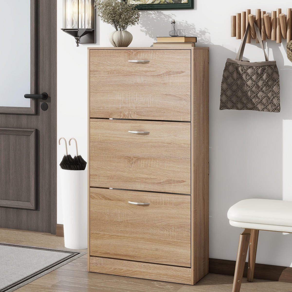 SCHUHSCHRANK mit 3 Klappen 60/24/120 cm - Hellbraun, Holzwerkstoff (24/120/60cm) - Urban Meuble