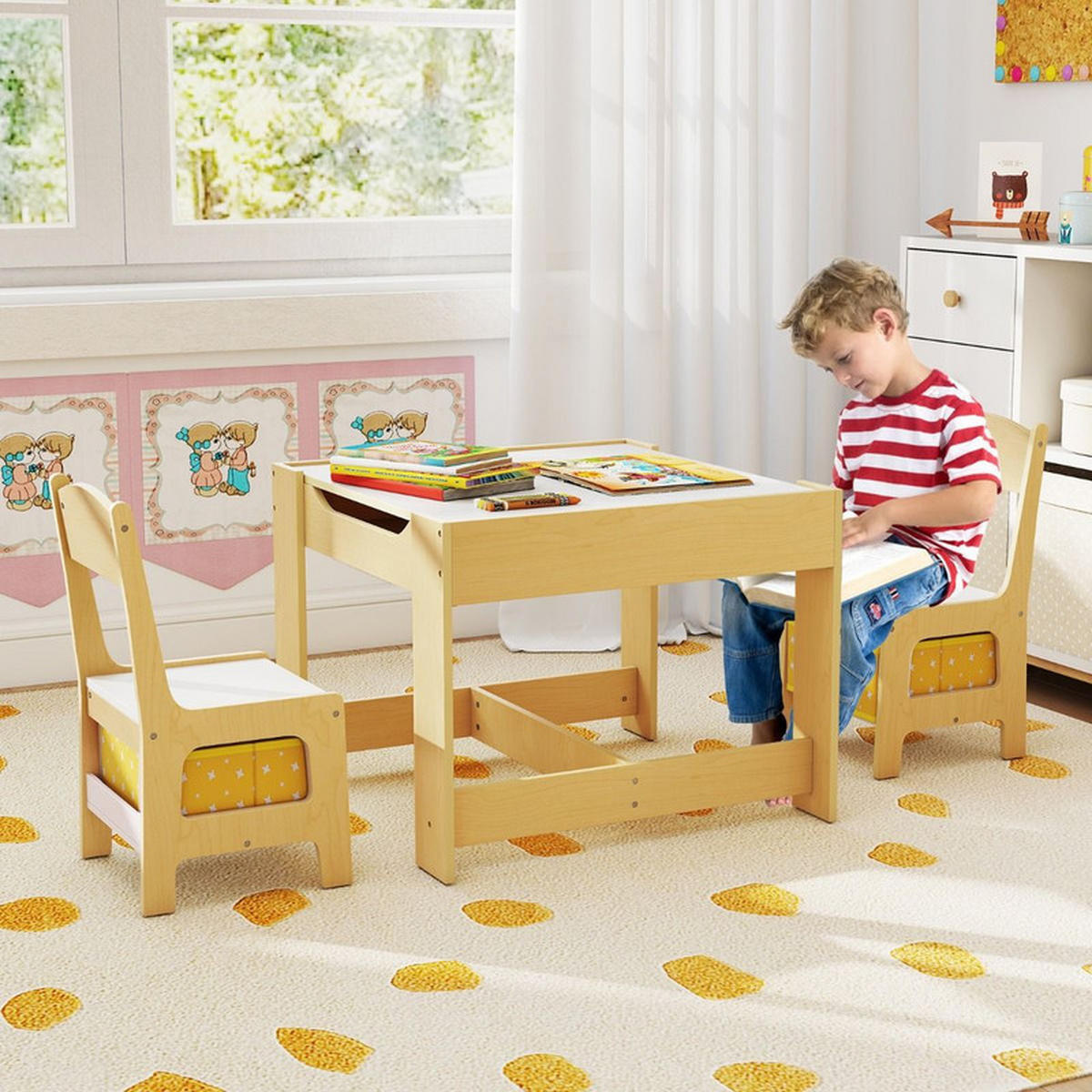 KINDERSITZ‑SET mit Stuhl gelb(3-tlg) - Gelb, Holzwerkstoff (62/48/62cm) - COSTWAY