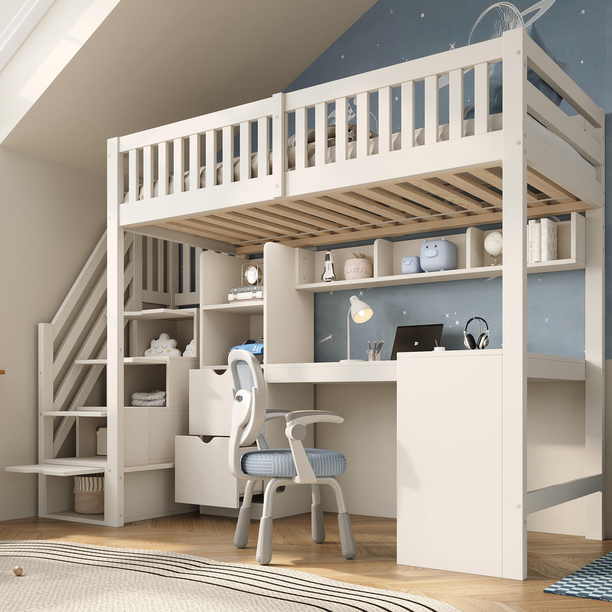 HOCHBETT 90/200 cm in Weiß mit Treppenschrank, Eckschreibtisch und Stauraum - Weiß, Holz/Holzwerkstoff (90/200cm) - WISHDOR