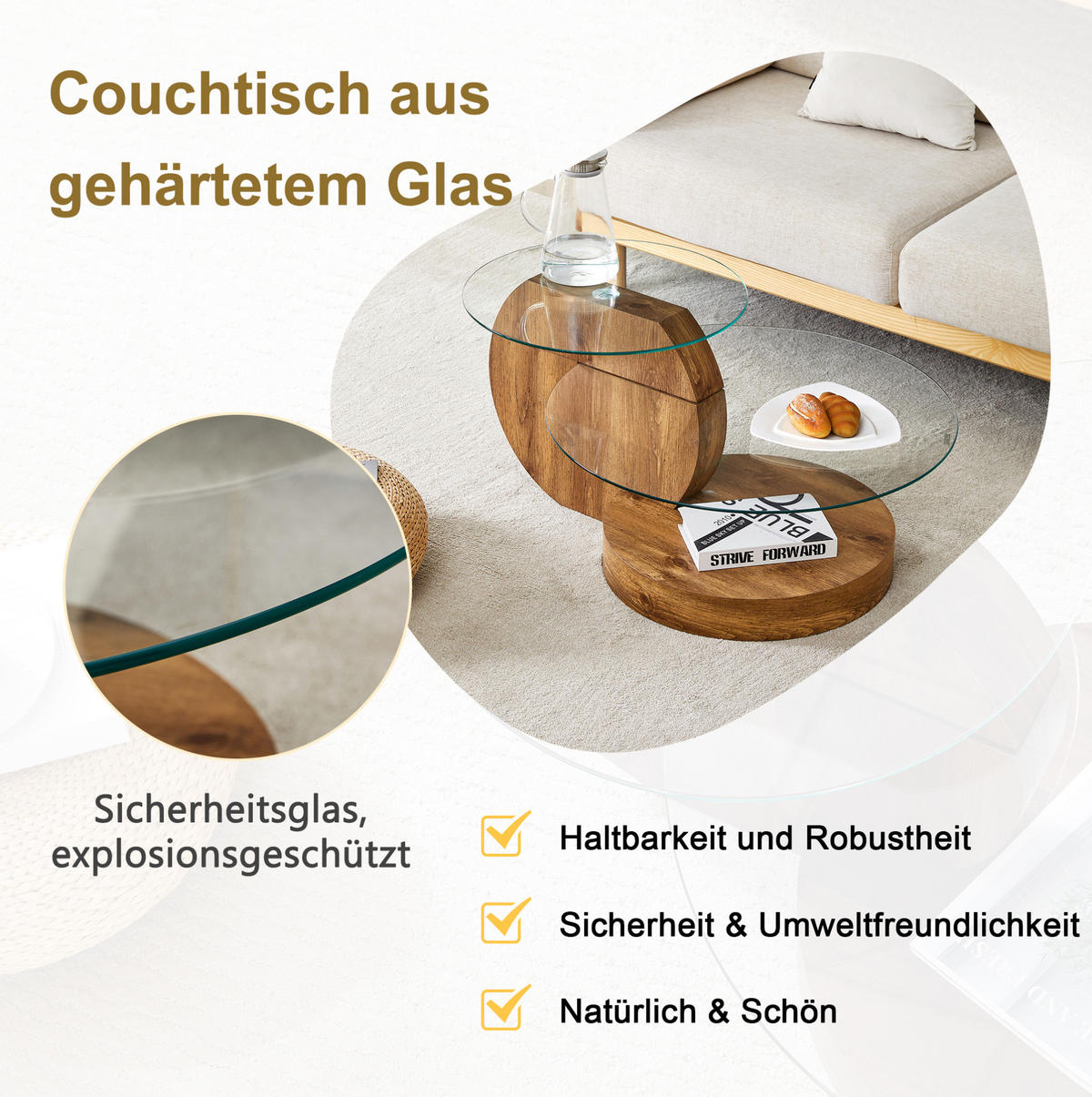 COUCHTISCH 69,8 cm aus Glas und MDF mit Ablagen in Holzoptik - Klar, Holzwerkstoff (69.8/69.8/49.8cm) - Flora Grace