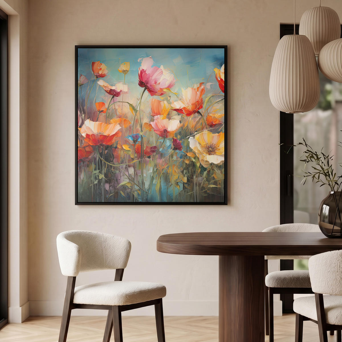 LEINWAND Bilder mit Rahmen - Blumen - Aquarell - Kunst - Botanisch - Natur - 90x90 - Orange, Textil (90/90cm) - MuchoWow