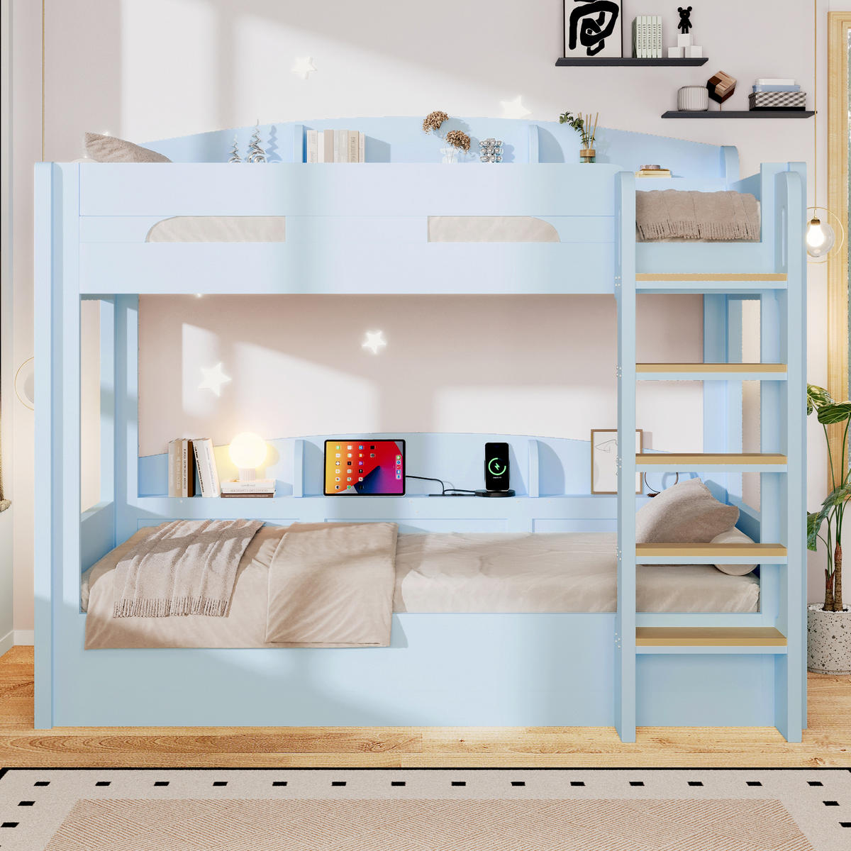 HOCHBETT 90/200 cm in Hellblau mit USB-Steckdose und Ablagefächern aus Holz und MDF - Hellblau, Holzwerkstoff (90/200cm) - STILVORA