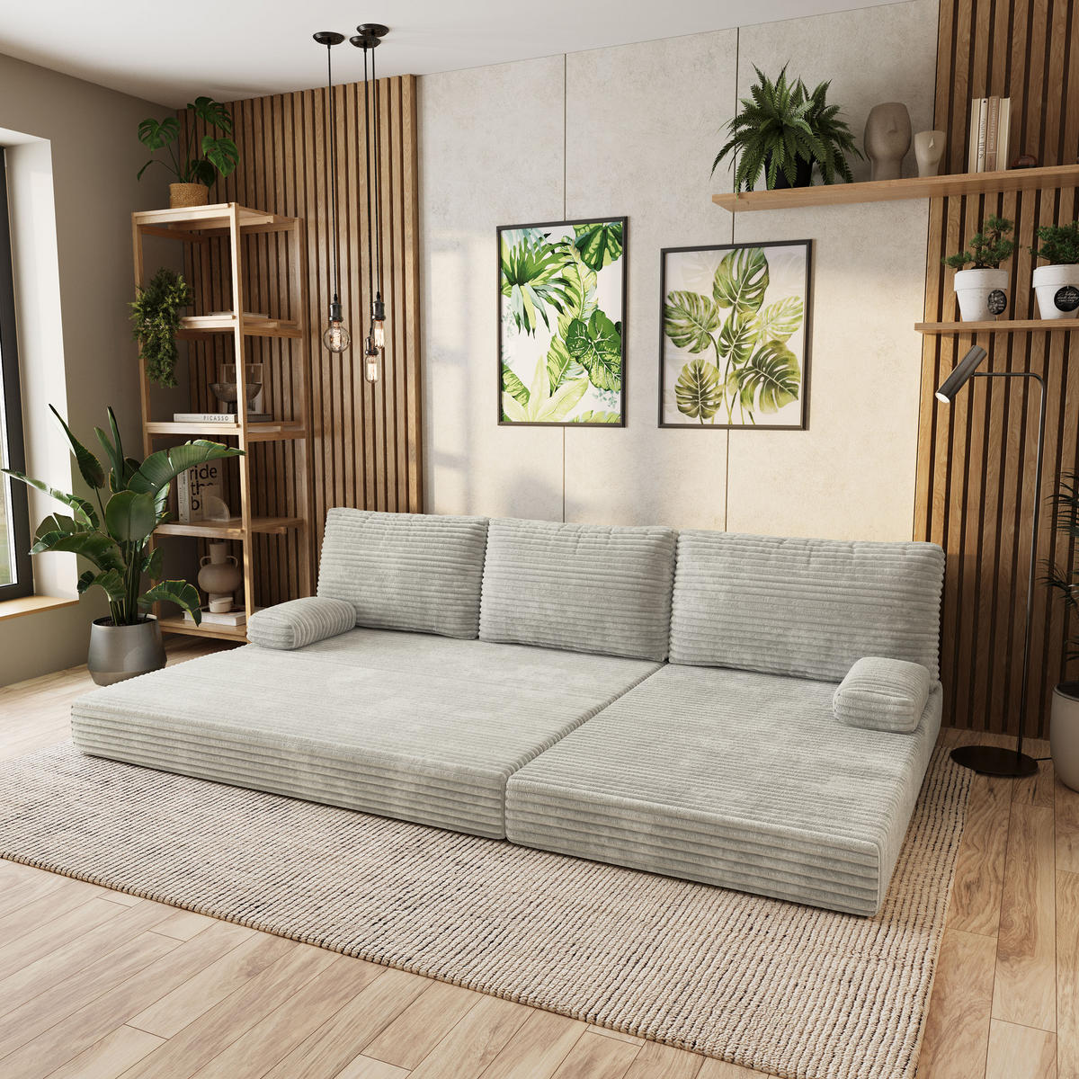 ECKSOFA ANKO modulares Boneless Sofa mit Schlaffunktion Hellgrau Kordstoff - Hellgrau, Textil (270/160cm) - MASSENO
