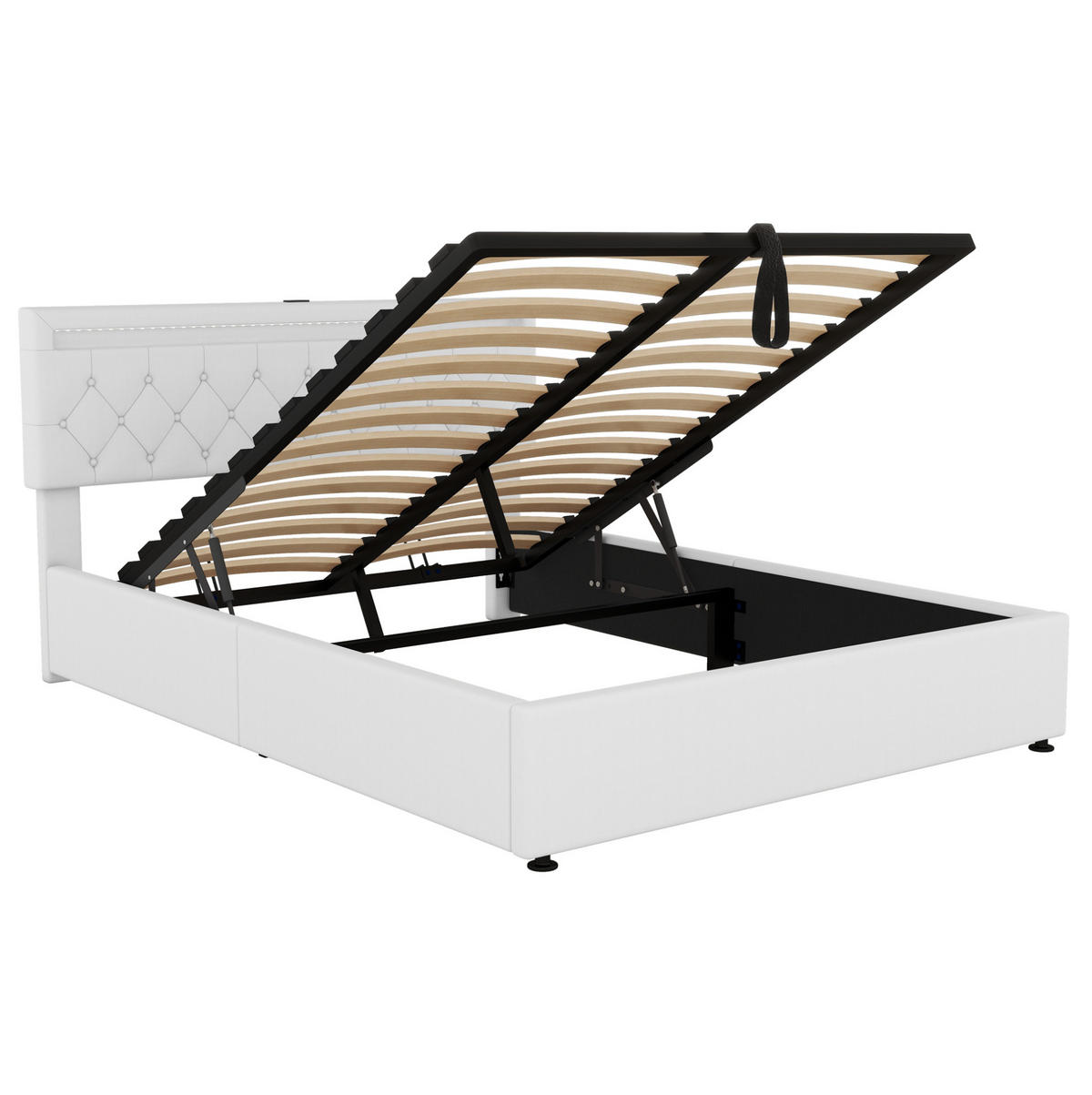 POLSTERBETT aus Leinen 160x200 cm in Weiß mit LED-Beleuchtung & USB-C - Weiß, Textil (160/200cm) - Modfu