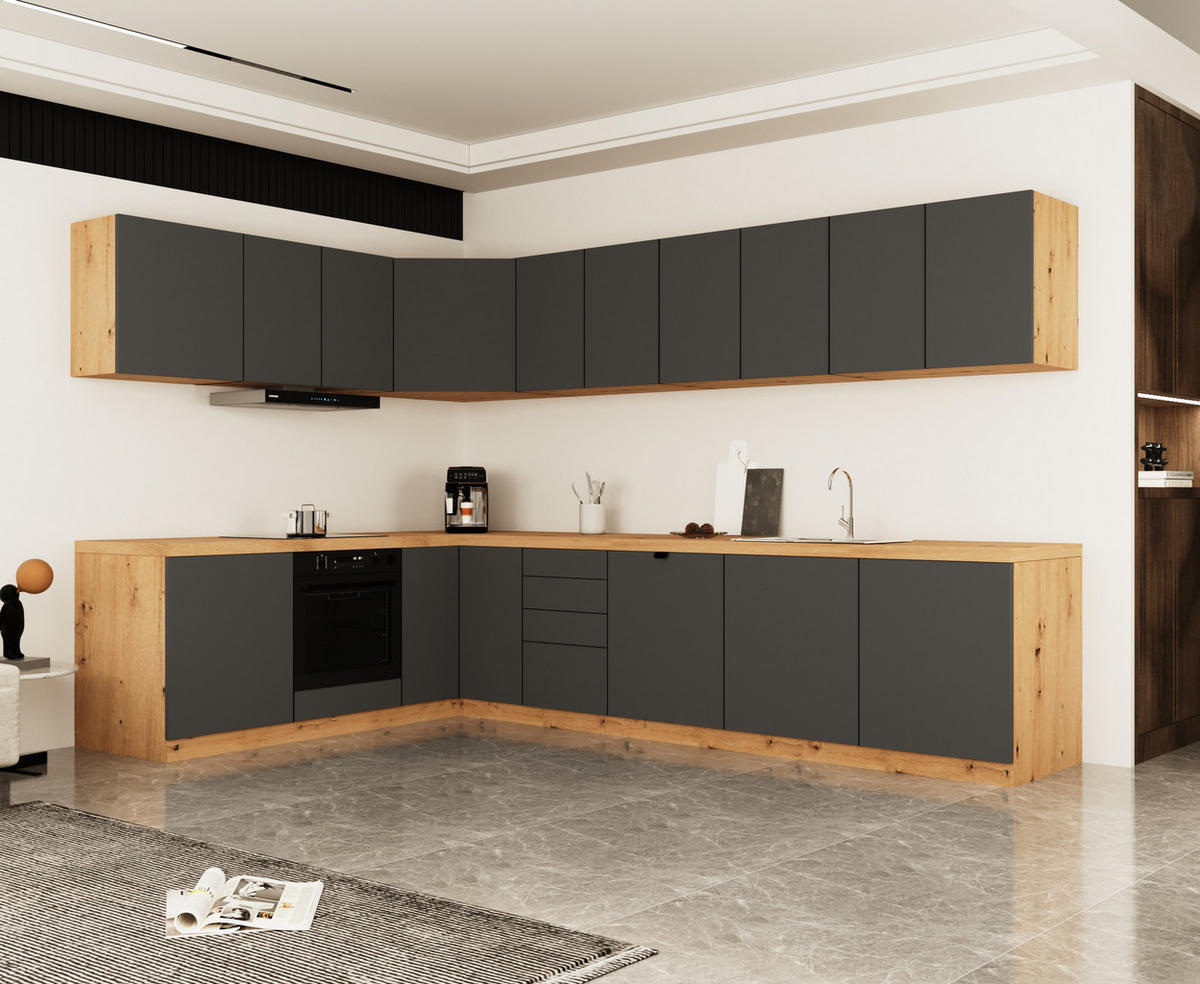WINKELKÜCHE 300cm x 200cm- Langen KL24-M300 - in Grau/Matt - Grau, Holz (500/212/52cm)