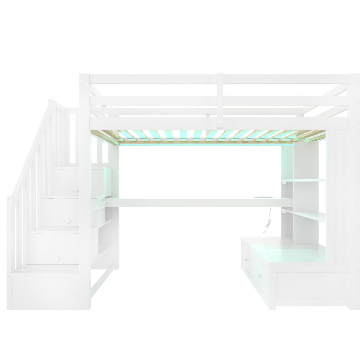 HOCHBETT 90/200 cm aus Kiefer/MDF mit Schreibtisch, Regalen, 2 Schubladen, Stauraumtreppe und LED, Weiß - Weiß, Holzwerkstoff (90/200cm) - Redom