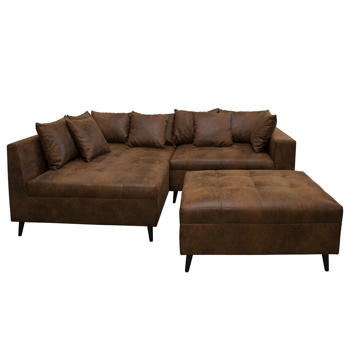 ECKSOFA mit Ottomane und Hocker - Schwarz/Braun, Birkenholz/Textil (247/174cm) - home24