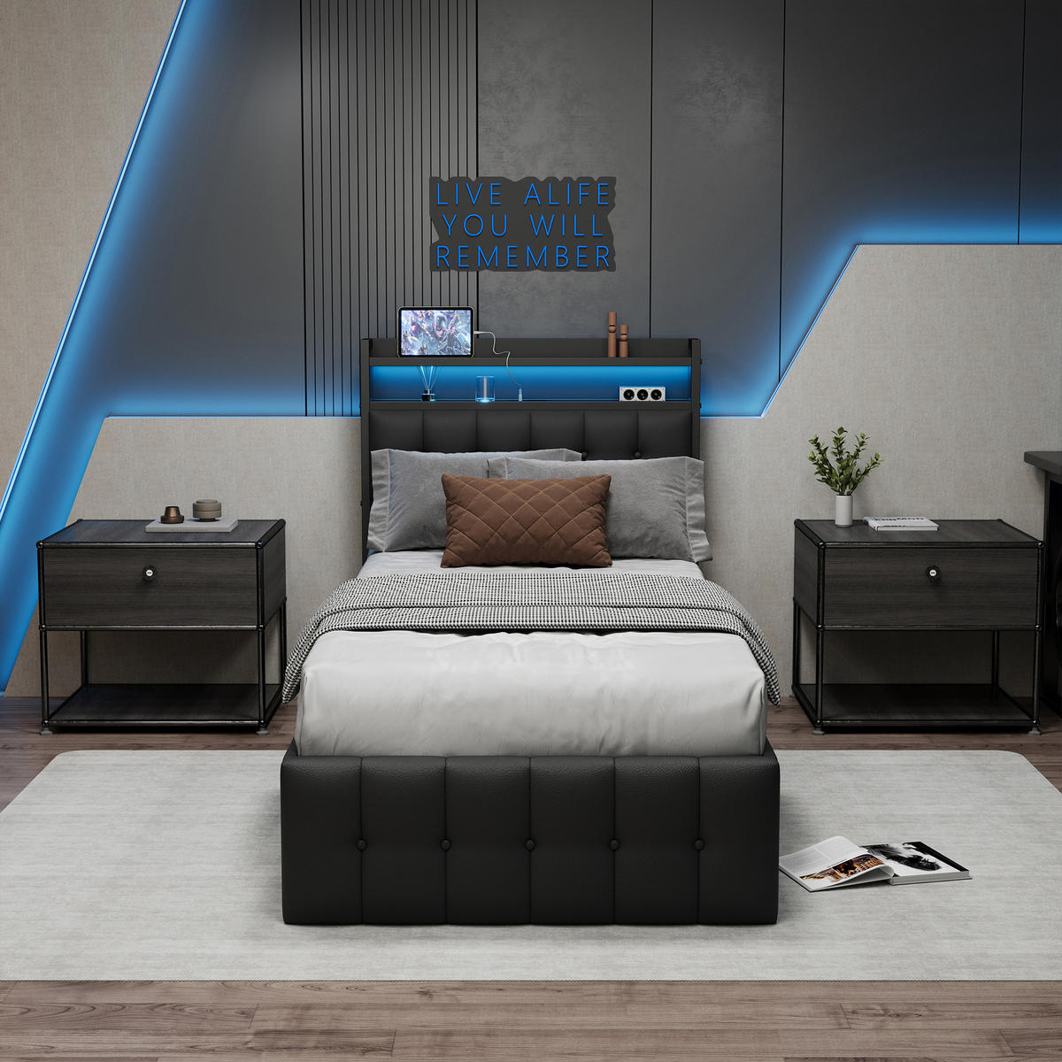 POLSTERBETT 90x200 cm mit stauraum, einzelbett mit bettkasten, USB und LED, lattenrost, schwarz - Schwarz, Leder/Holz (90/200cm) - GENKI LIVING