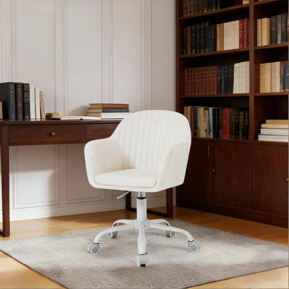 BÜROSTUHL in Cremeweiß 40x56x87 cm aus Samt, höhenverstellbar und drehbar - Creme, Metall (56/87/40cm) - IVMEU