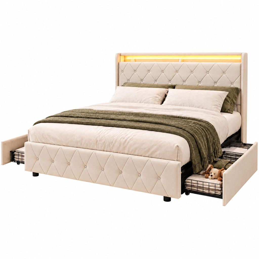 POLSTERBETT 160/200 cm,Schubladenbett Beige mit Verstellbarer RGB-LED und Ladefunktion - Beige, Holz/Metall (160/200cm) - FURNISHINGS HOME