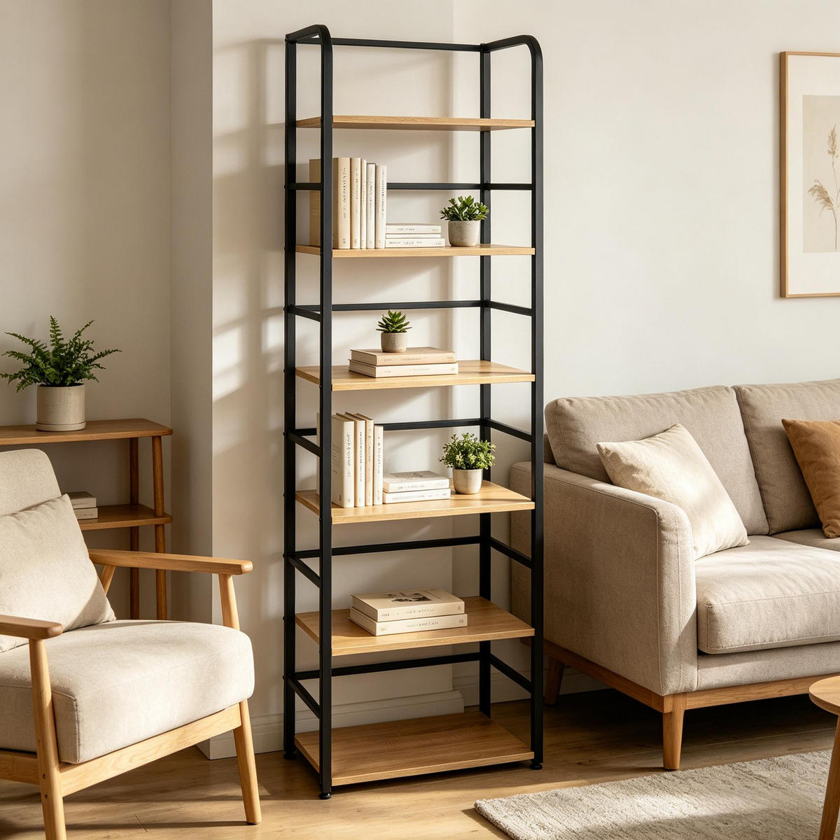 BÜCHERREGAL Schwarz/Eichefarben 6 Ablageflächen 50/30/176 cm - Schwarz, Holzwerkstoff (50/176/30cm) - PANGIVO