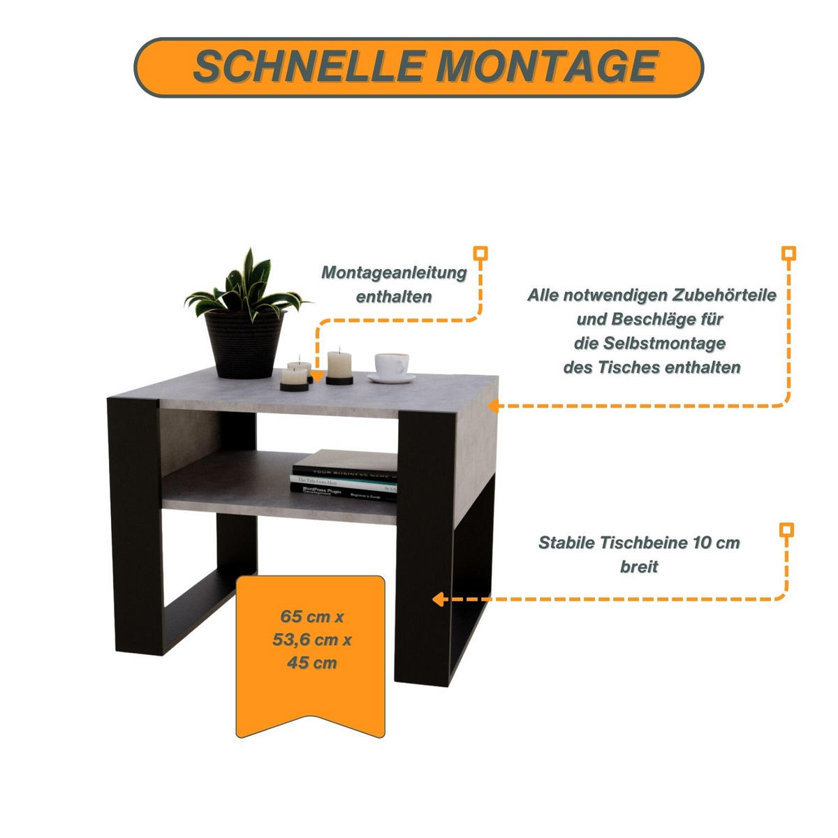 COUCHTISCH Holzwerkstoff rechteckig stabil Grau 45/53,6/65cm - Schwarz/Grau, Holzwerkstoff (53.6/65/45cm) - CraftPAK